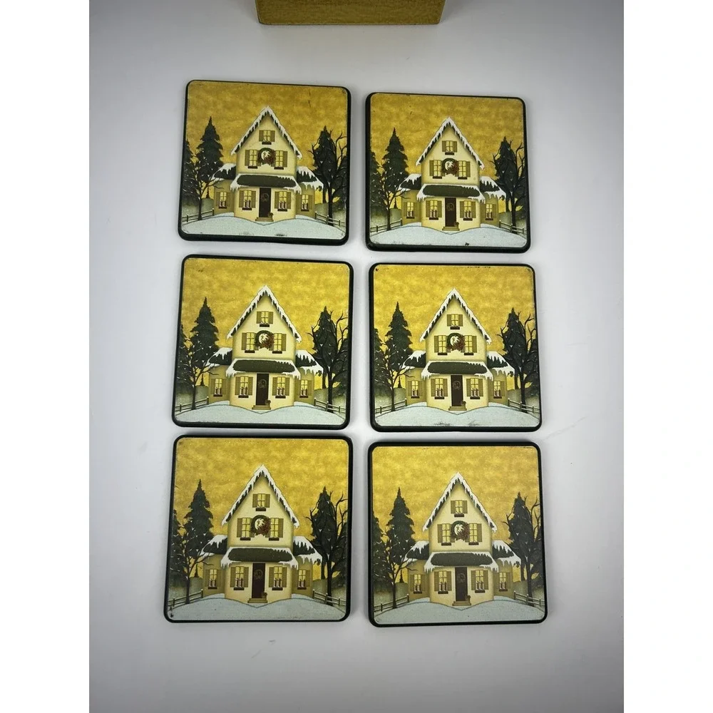 Crazy Mountain Exclusive Designs WINTER GREETINGS Wooden Box & 6 Coasters